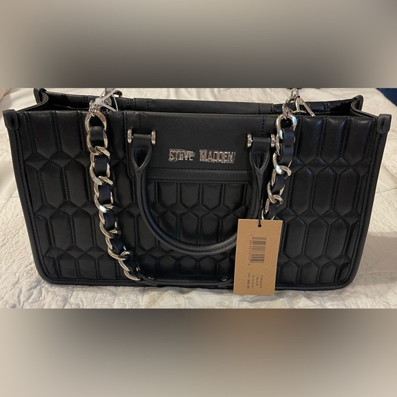 Steve Madden Black Quilted Tote with Silver Chain Straps - Picture 2 of 5